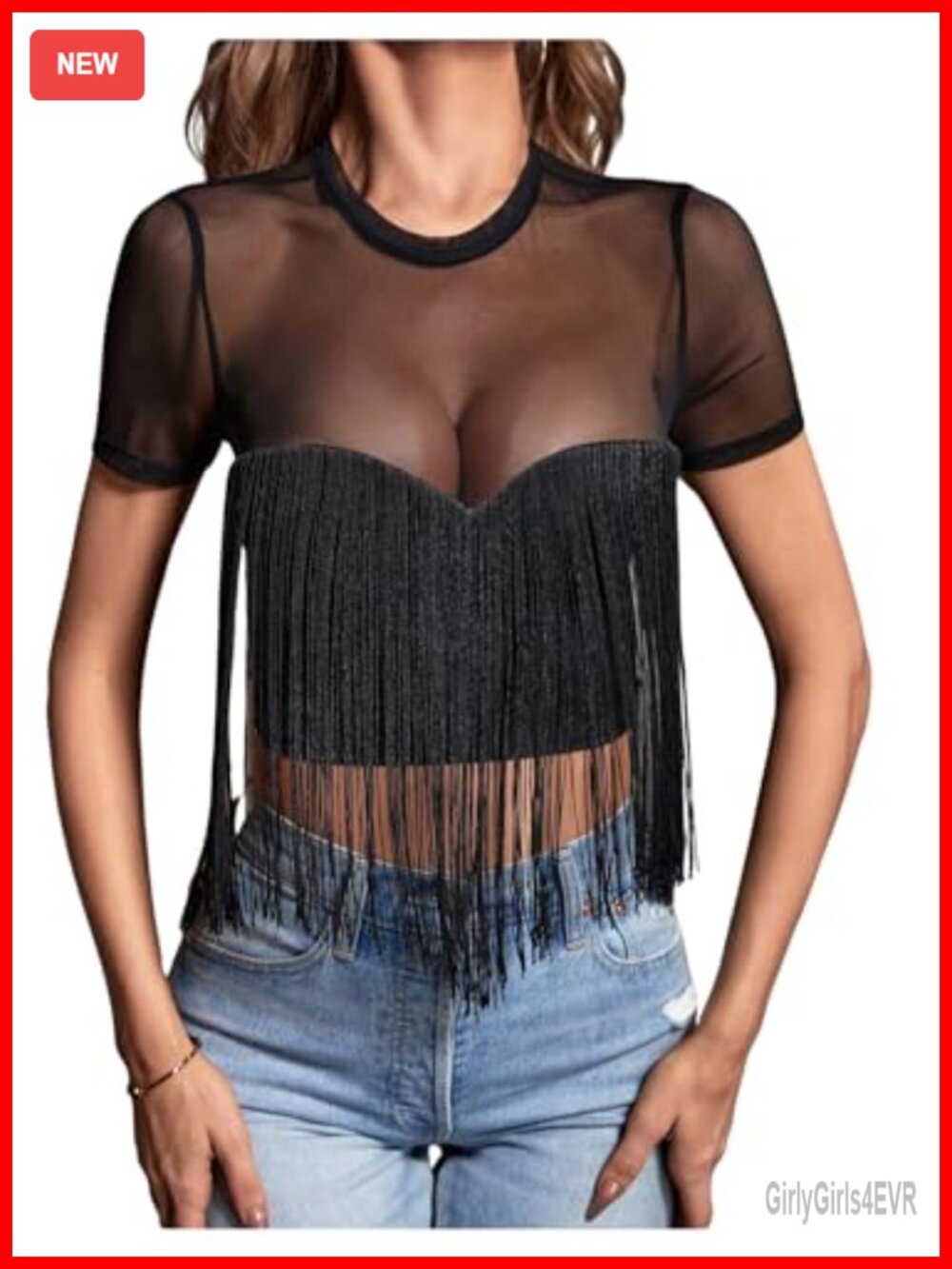 SHENHE Women's Fringe Front Sheer Mesh Short Sleeve Crop Top
